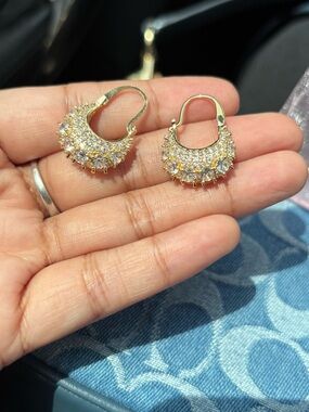 Gold Cubic Zirconia Crystal Basket Crescent Hoop Earrings Sparkling Pave Accent